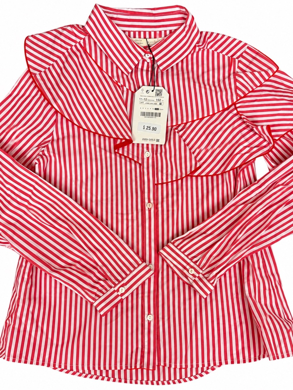 ZARA Girls Striped Ruffle Button-Up Shirt Red White Size 11-12 NWT